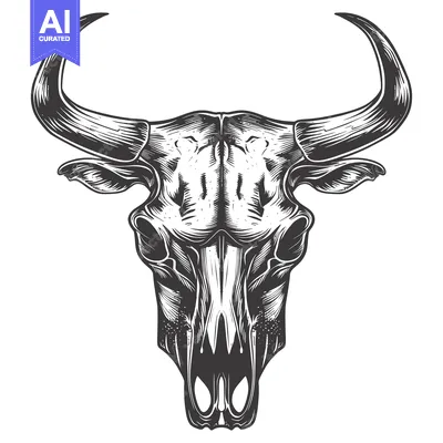 Aset desain premium: Detailed Black and White Illustration of a Bull Skull