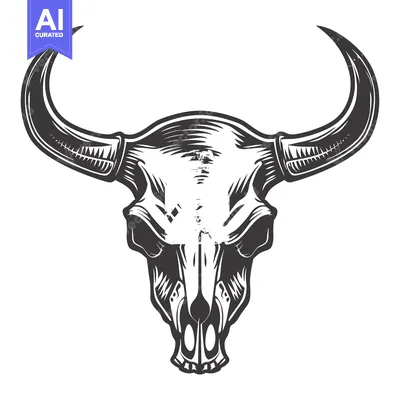 Aset desain premium: A Detailed Illustration of a Bull Skull with Large Horns