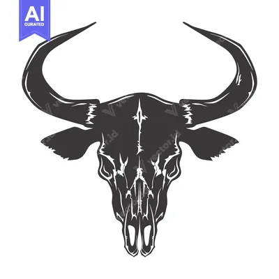 Aset desain premium: Black and white illustration of a bull skull with large horns