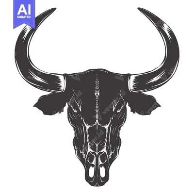 Aset premium populer: A Detailed Illustration of a Bull Skull with Long, Curved Horns