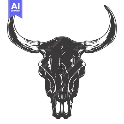 Aset desain premium: A Detailed Black and White Illustration of a Bull Skull