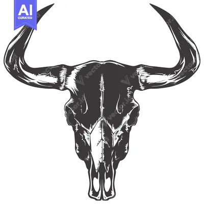Aset desain premium: A Detailed Black and White Illustration of a Bull Skull