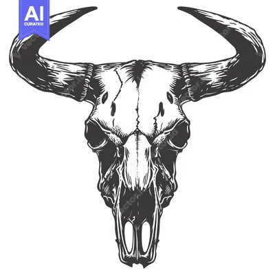 Aset desain premium: A Detailed Illustration of a Bull Skull with Prominent Horns