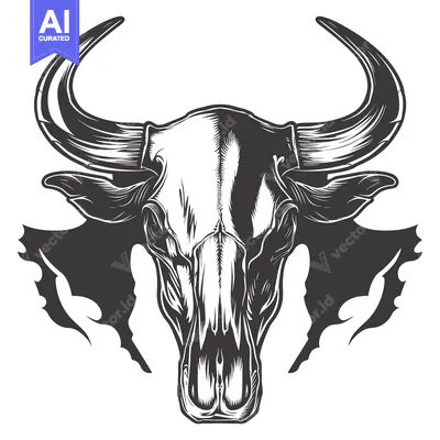 Aset desain premium: Black and White Illustration of a Bull Skull with Large Horns
