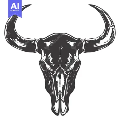 Aset desain premium: A detailed black and white illustration of a bull skull