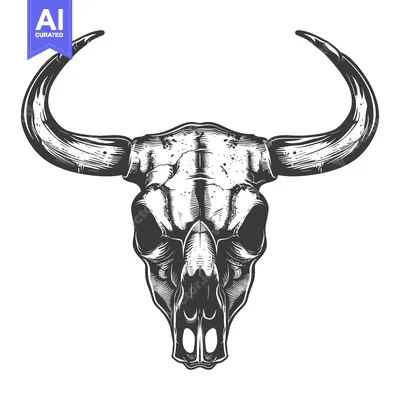 Aset desain premium: Detailed Monochrome Illustration of a Bull Skull