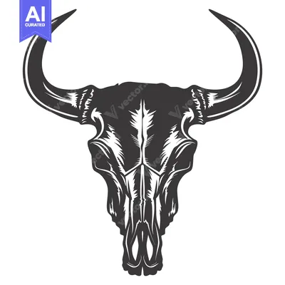 Aset desain premium: Detailed Illustration of a Bull Skull with Curved Horns