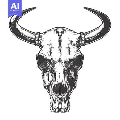 Aset desain premium: Detailed Black and White Illustration of a Bull Skull