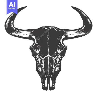Aset premium populer: Black and White Illustration of a Bull Skull with Curved Horns