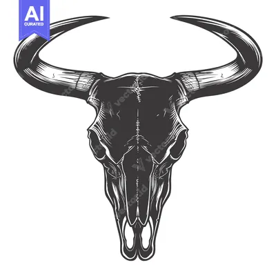Premium design asset: Detailed Black and White Illustration of a Bull Skull