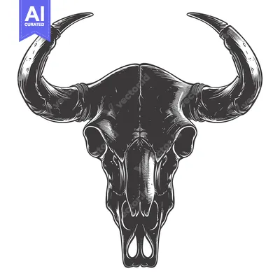 Aset desain premium: Detailed Illustration of a Bull Skull with Curved Horns