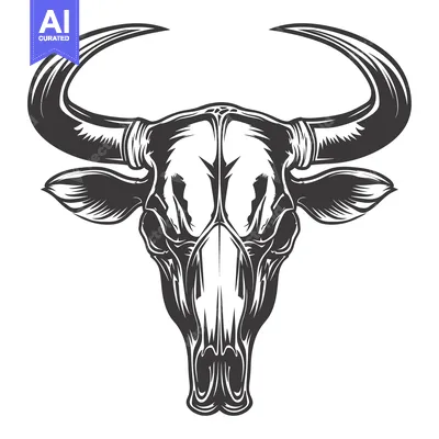 Aset desain premium: A detailed illustration of a bull's skull with large horns.