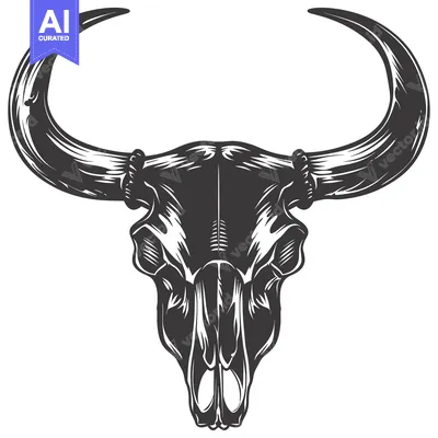 Aset desain premium: Detailed Illustration of a Bull Skull with Curved Horns
