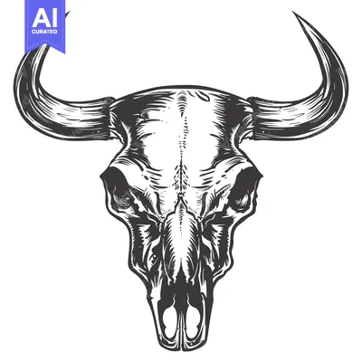 Aset desain premium: Detailed Illustration of a Bull Skull with Large Horns