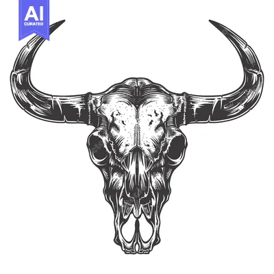 Aset desain premium: Detailed Black and White Illustration of a Bull Skull with Large Horns
