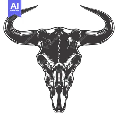 Aset desain premium: A detailed illustration of a bull skull with horns