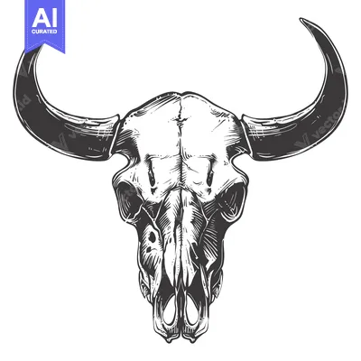 Aset desain premium: A Detailed Drawing of a Bull Skull with Large Horns