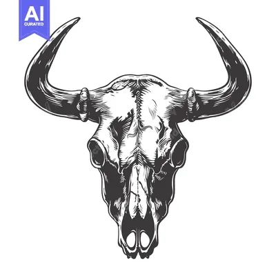 Premium design asset: Detailed Hand-Drawn Illustration of a Bull Skull with Large Horns