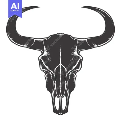 Aset desain premium: A detailed illustration of a black bull skull with large horns