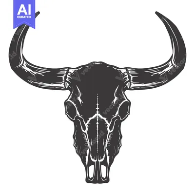 Premium design asset: Black and White Illustration of a Bull Skull with Horns