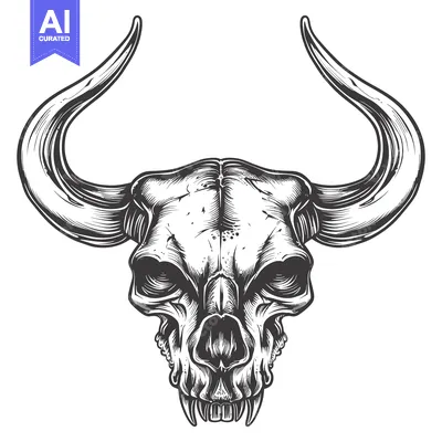 Aset premium populer: Detailed illustration of a bull skull with large horns