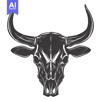 Aset premium populer: Black and white illustration of a bull skull with large horns