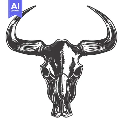 Premium design asset: A detailed black and white illustration of a bull skull
