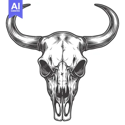 Aset premium populer: A detailed, stylized, black and white drawing of a bull's skull