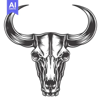 Aset desain premium: Detailed black and white illustration of a bull skull with large horns