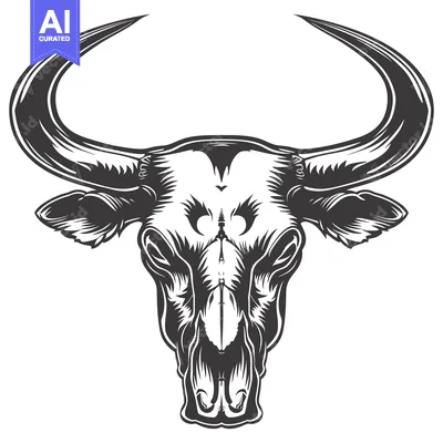 Aset premium populer: Monochrome Illustration of a Bull's Skull with Large Horns