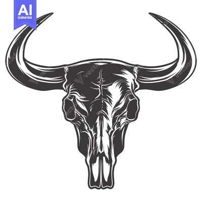 Aset premium populer: Detailed illustration of a bull skull with large horns