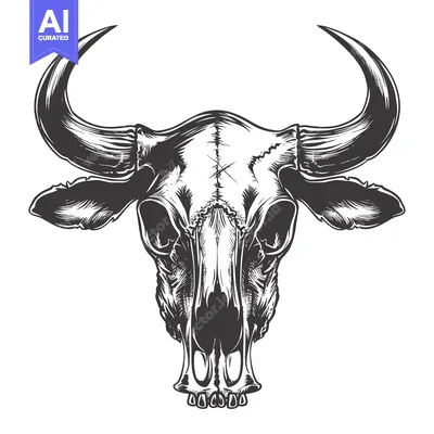 Aset desain premium: Detailed Illustration of a Bull Skull with Large Horns