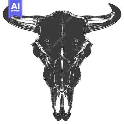 Aset desain premium: A detailed, black and white illustration of a bull skull