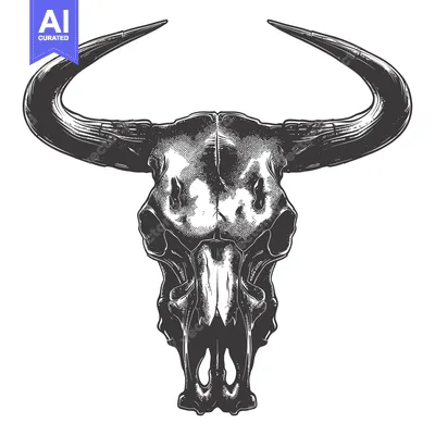 Aset desain premium: Detailed Black and White Illustration of a Bull Skull with Curved Horn