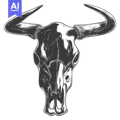 Aset premium populer: Detailed Illustration of a Bull Skull with Large Curved Horns