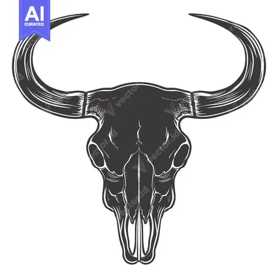 Aset desain premium: A Detailed Illustration of a Bull Skull with Large Horns