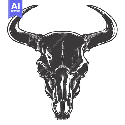 Aset desain premium: A Detailed Illustration of a Bull Skull with Large Horns