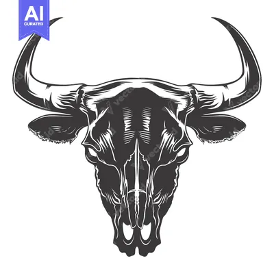 Premium design asset: Detailed Black and White Bull Skull Illustration