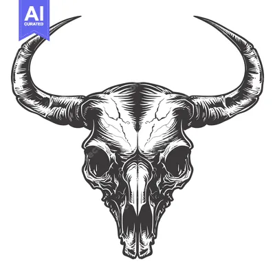 Aset desain premium: Detailed Black and White Illustration of a Bull Skull