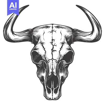 Premium design asset: Detailed Black and White Illustration of a Bull Skull