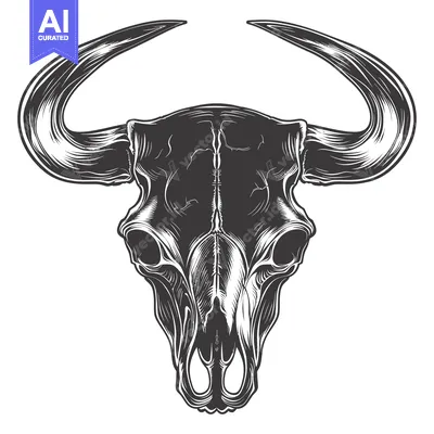Premium design asset: Detailed Black and White Illustration of a Bull Skull