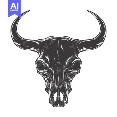Premium design asset: Detailed Black and White Illustration of a Bull Skull