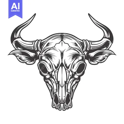 Aset desain premium: Detailed Black and White Illustration of a Bull Skull