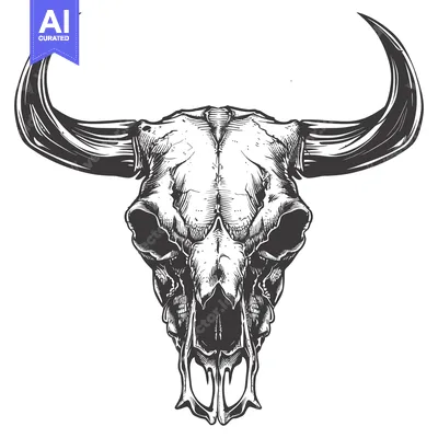 Aset desain premium: Hand-drawn Detailed Illustration of a Bull Skull with Large Horns