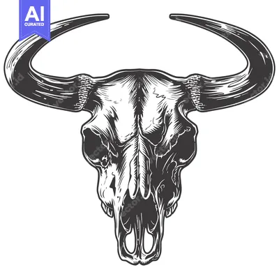 Aset premium populer: Detailed illustration of a bull skull with curved horns