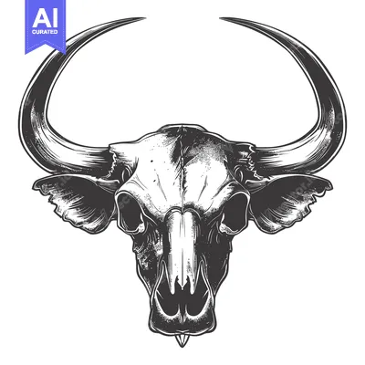Aset desain premium: Black and White Illustration of a Bull Skull with Large Horns
