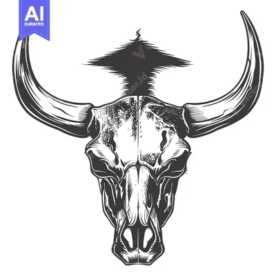 Aset premium populer: A Detailed Drawing of a Bull Skull with Horns and a Shaggy Top