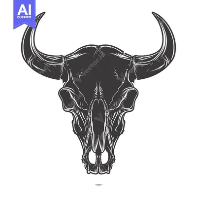 Aset desain premium: A Detailed Black and White Illustration of a Bull Skull