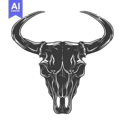 Premium design asset: Black and White Illustration of a Bull Skull with Large Horns