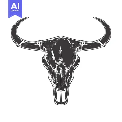 Aset desain premium: A Detailed Illustration of a Bull Skull with Long Horns